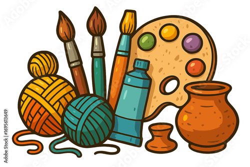 Art and craft supplies illustration. Creative hobby concept. Painting, knitting, pottery tools. Handmade workshop set. Vector icons of paintbrush, palette, yarn, clay pot.