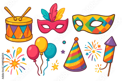 Carnival party icon set. Vector celebration collection with mask, drum, balloons, and fireworks. Festive elements for holiday, festival, or Mardi Gras. Cartoon illustration.