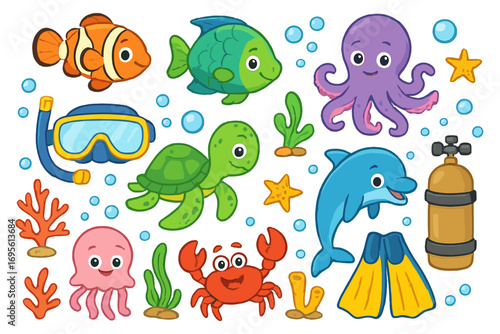 Cute sea animals collection. Cartoon ocean life set with fish, turtle, dolphin, octopus, crab. Underwater diving equipment with snorkel, fins, scuba tank. Vector marine illustration.