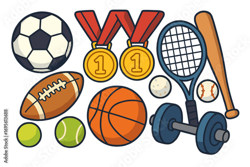 Sports equipment set vector cartoon illustration. Collection of game items soccer, basketball, football, baseball, tennis. Gold medal for winner. Victory and competition concept.