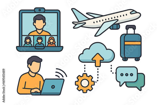 Digital work environment icon set. Remote collaboration, online meetings, business travel, and cloud computing tools for modern professionals. Vector cartoon illustration concept.