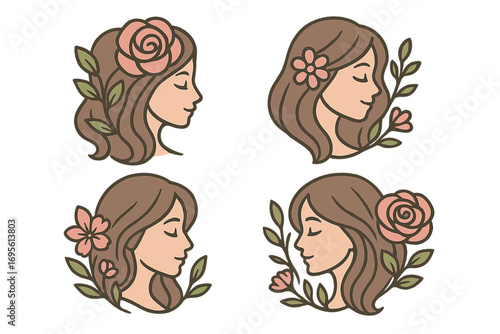 Set of woman face profiles with flowers. Beautiful girl head with rose for beauty salon, spa, cosmetics logo. Feminine concept. Natural floral decoration. Vector illustration.