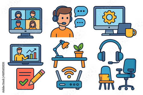 Remote work icon set. Home office tools, virtual meeting, video conference. Workspace essentials, online communication, telecommuting, freelance job vector illustration.