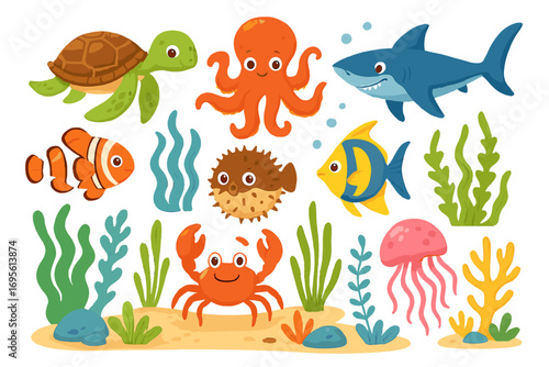 Cute sea animals cartoon character set. Underwater marine life collection. Ocean fish, shark, turtle, octopus, crab, clownfish, jellyfish, pufferfish vector illustration for kids.