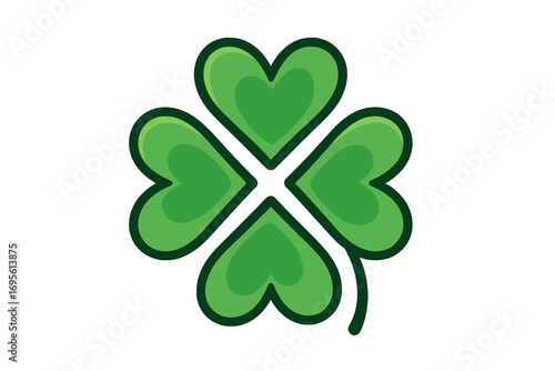 Four leaf clover logo with heart shaped leaves. Vector illustration for good luck concepts. Green shamrock, symbol of fortune, St. Patrick's Day, and Irish culture.