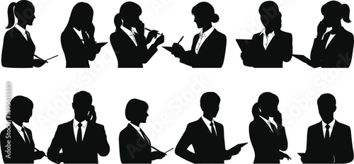 Business people silhouettes working, corporate professionals writing notes, talking on phone, using digital tablets, teamwork, office communication, business meeting, work collaboration