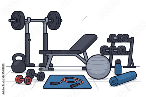 Fitness equipment vector icon set for gym workout. Barbell, dumbbell, kettlebell, exercise ball, mat and bench press. Bodybuilding and strength training cartoon concept.