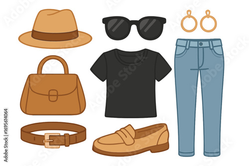 Woman's casual fashion outfit set. Vector collection of clothes and accessories. Jeans, t-shirt, loafers, hat, sunglasses, bag, belt and earrings. Flat cartoon style illustration.