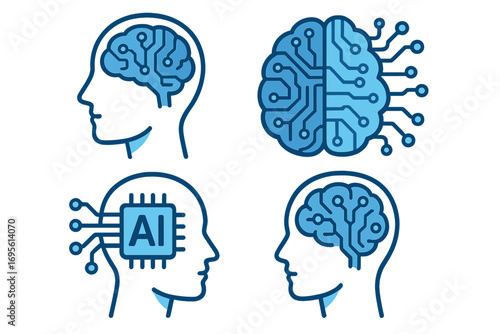 Artificial intelligence vector icon set. Human head silhouette with digital brain, circuit board and AI processor chip. Machine learning, technology, and mind concept.
