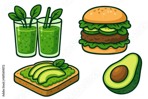 Vegan food set with green smoothie, plant-based burger, avocado toast. Healthy vegetarian meal. Fresh organic diet concept. Vector cartoon illustration for nutrition.