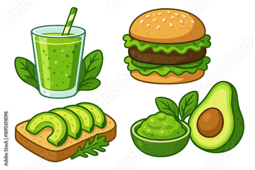 Vegan food icon set. Plant based meal collection with veggie burger, green smoothie, avocado toast and guacamole. Healthy eating, diet food cartoon vector illustration isolated.