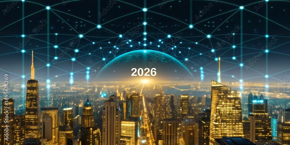 Naklejka premium Futuristic 2026 Cityscape with Digital Network Dome