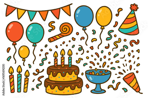 Party decoration doodle set. Birthday celebration vector elements. Cartoon cake, balloons, confetti, and party hat. Festive holiday graphic resources for anniversary design.