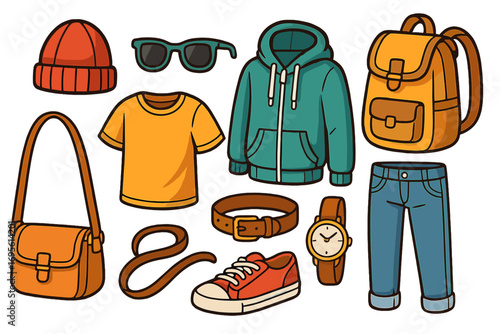 Casual fashion clothing and accessories set. Vector illustration of everyday outfit essentials like hoodie, jeans, backpack, sneakers, and sunglasses. Flat lay cartoon style.