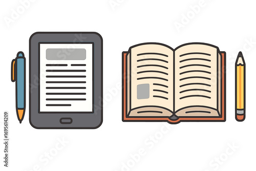 E-reader versus traditional book vector concept. Digital tablet and paper book comparison. Modern technology vs classic library. Education, learning, literature choice icon.