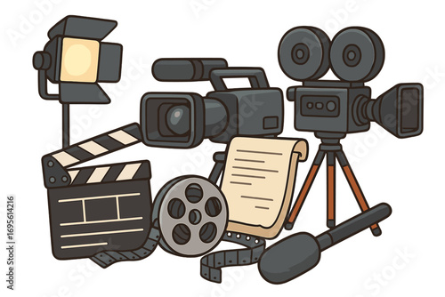 Film production equipment illustration. Movie making tools concept. Cinema industry creative cartoon set with camera, clapperboard, reel, script, microphone, and spotlight.