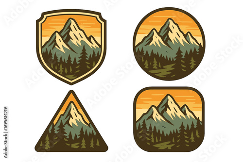 Vintage mountain landscape badges set. Retro outdoor adventure emblems with forest and peaks. Vector logo illustration for hiking, travel, and camping patches collection.