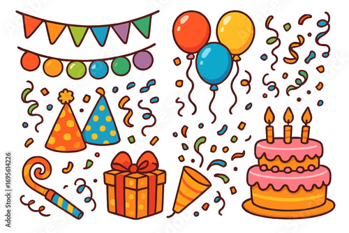 Birthday party decoration elements set. Vector cartoon celebration icons. Festive collection with cake, balloons, gift, confetti, popper and hat. Isolated doodle graphics.