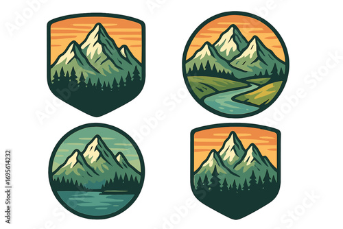 Set of mountain landscape badges. Vintage outdoor adventure emblems. Retro travel logo collection with majestic peaks, forest, river, and lake. Vector cartoon illustration.