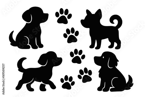Dog silhouette set. Cute puppy collection with paw prints. Black vector icons of various dog breeds, sitting, walking, standing. Pet animal graphic element for design.