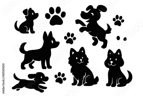 Dog silhouettes set. Cute cartoon puppies and dogs collection. Black pet animal vector icons with paw prints. Isolated graphic design elements for canine or vet concepts.