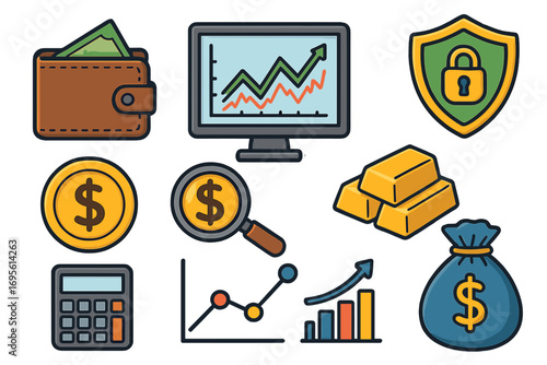 Financial tools icon set for investment management and security. Vector icons for banking, money, and stock market growth. Symbols for wealth, data analysis, and assets.