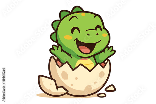 Cute baby dinosaur hatching from an egg. Joyful prehistoric reptile with a happy expression. Playful green dino character vector cartoon illustration for kids and nursery.
