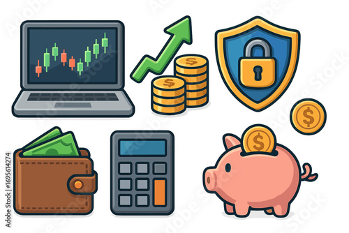 Financial icon set for investment, savings, and digital security. Vector symbols of stock market trading, money growth, piggy bank, calculator, wallet, online banking.