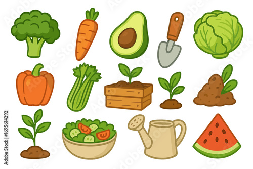 Gardening and healthy food vector icon set. Plant-based diet elements with fresh vegetables, salad, and seedlings. Cartoon illustration for vegan lifestyle and farming concepts.