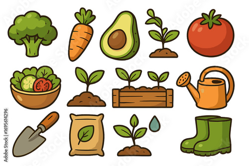 Vector cartoon icon set of gardening elements and healthy plant-based foods. Illustrations for organic farming, vegan diet, fresh produce, and agriculture. Grow your own food.