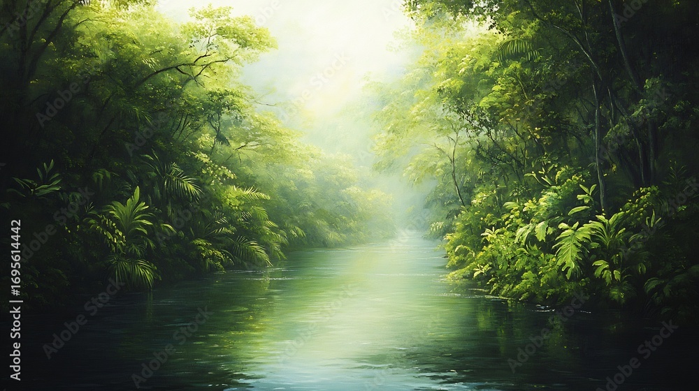 Obraz premium Serene Jungle River: A Tranquil, Lush Oil Painting