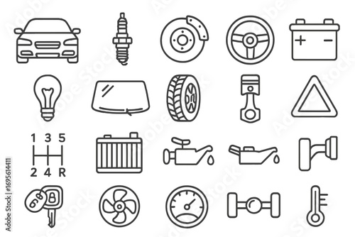 Car parts and service line icon set. Automotive repair symbols for mechanic, garage. Vehicle maintenance vector outline icons. Includes brake, tire, oil, engine, battery, key.