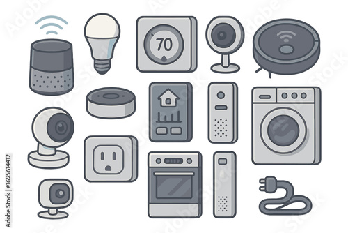 Vector collection of modern smart home devices. Cartoon icons for home automation and Internet of Things. Includes smart speaker, security camera, thermostat, and appliances.