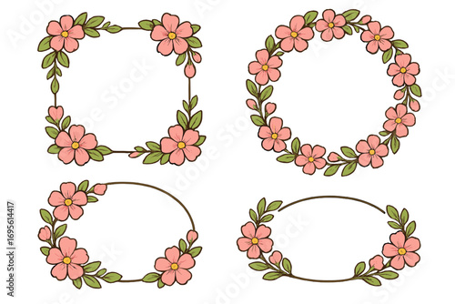 Set of decorative floral frames with pink flowers. Hand drawn vector illustration for wedding invitation or greeting card. Elegant flower wreath, border design element collection.
