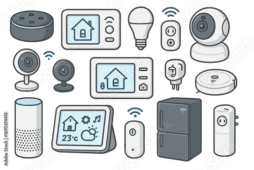 Set of smart home automation devices. Vector icons for IoT technology concept. Including smart speaker, security camera, thermostat, smart light, and home appliances.