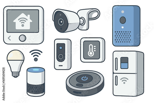 Smart home technology vector icon set. Home automation system with modern appliances. Internet of things, security camera, robot vacuum cleaner, smart speaker, thermostat.