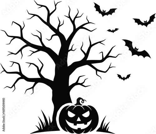 Tree silhouette, flying bats and grinning pumpkins
