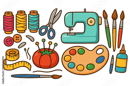 Craft supplies set for creative hobby projects. Vector cartoon illustration of sewing and painting tools like machine, thread, scissors, paint, brushes and palette. DIY concept.