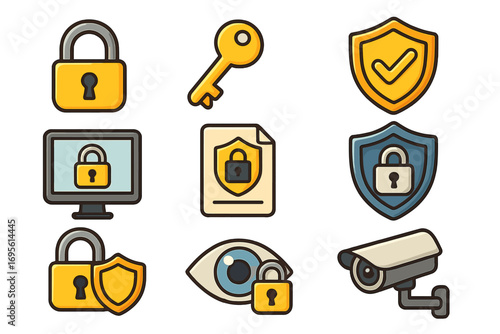 Security icon set for data protection and digital safety. Padlock, key, shield, and camera symbols. Cybersecurity, privacy, and surveillance concepts. Vector cartoon illustration.