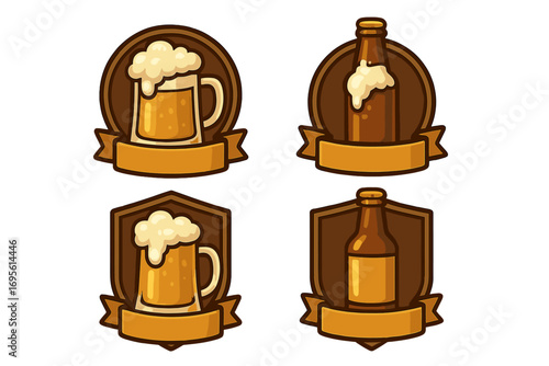 Beer logo set vector illustration. Craft beer emblems and badges collection for brewery or pub. Cartoon icons with mug, bottle, foam, and blank ribbon banner for your text.