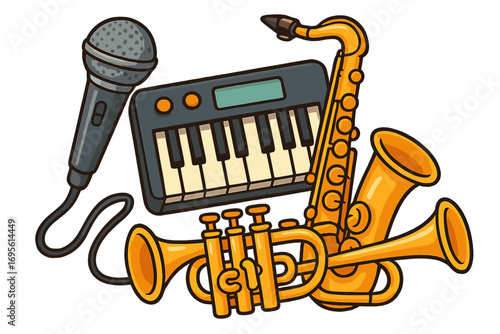 Musical instruments vector illustration. Cartoon set with microphone, keyboard, saxophone, trumpet. Music concept for jazz band, pop concert, audio recording studio design.