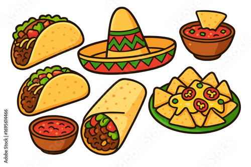 Cute Mexican food icon set. Cartoon vector illustration with taco, burrito, nachos, salsa, sombrero. Traditional cuisine for Cinco de Mayo fiesta party or menu design.