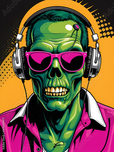 Zombie Music DJ Horror Halloween Monster Frightening Headphone Sunglasses Party Night Dancing Clubber Raver Comic Humor Cartoon Cool Fun Sound Disco Club Festival Band Concert Techno Discothek Love