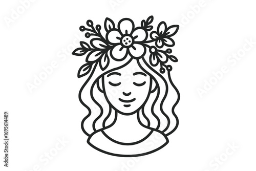 Hand drawn floral woman logo. Vector line art illustration of a girl with flowers in her hair. Concept for beauty, spa, nature, wellness, organic products, feminine brand.