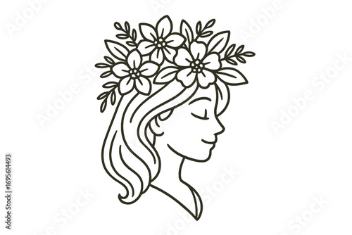 Woman face profile with flower wreath logo. Hand drawn feminine line art. Beauty, spa, salon, cosmetics icon. Natural, organic, eco concept. Health and wellness symbol.