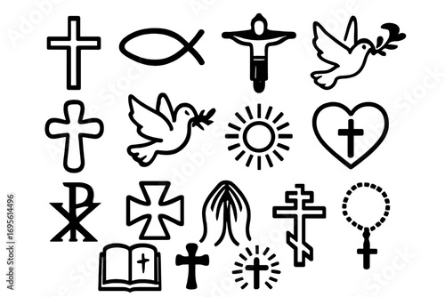 Christian religious symbols collection. Vector icon set of cross, crucifix, dove, and fish. Faith, prayer, and spirit concept. Holy Bible, rosary, and Chi-Rho icons.
