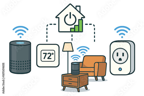 Smart home technology concept with connected devices. IoT automation system for energy management and efficiency. Vector illustration of a smart speaker, plug, and thermostat.