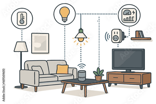 Smart home technology concept. Internet of Things (IoT) automation system. Living room with connected devices. Energy management, smart plug, lighting and speaker control.
