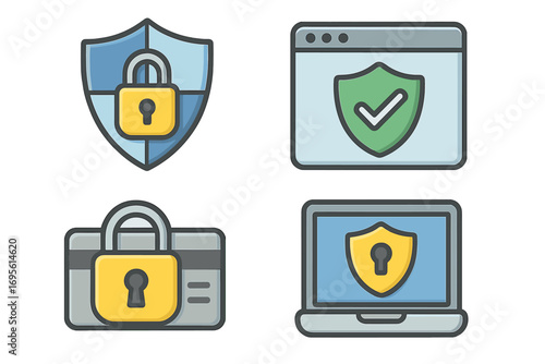 Cybersecurity icons showing data privacy and online protection. Vector set for internet safety, secure payment, and antivirus software. Digital security concept with lock, shield, laptop.