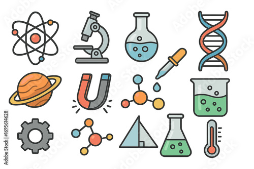 Science icon set with symbols for chemistry, physics, and biology research. Vector collection of laboratory equipment like microscope, flask, and DNA. Educational cartoon icons.